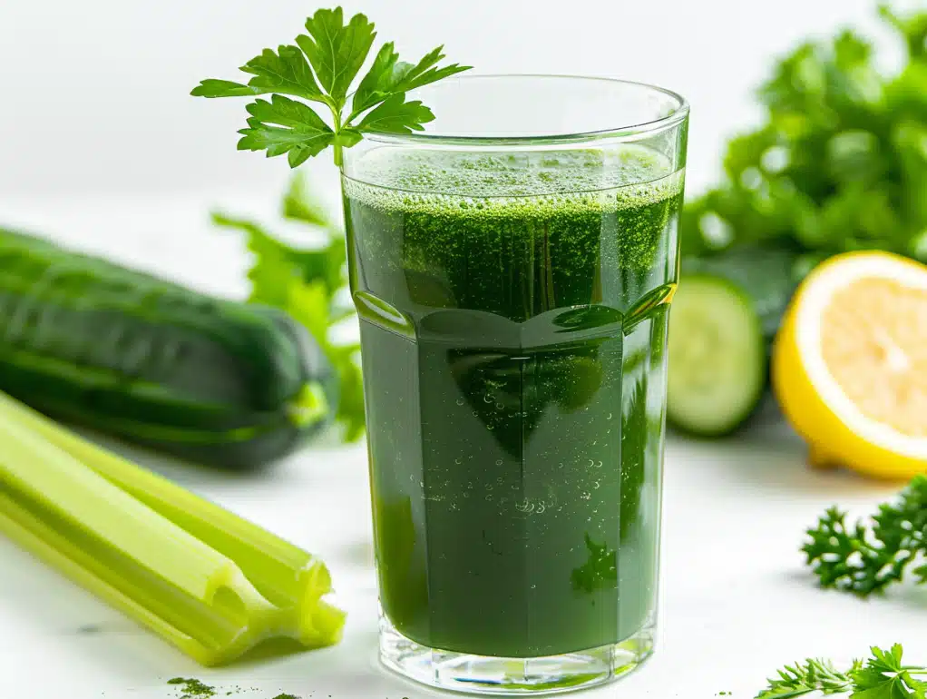Allergy defense green juice immune boosting drink with cucumber celery parsley and spirulina for seasonal allergy support