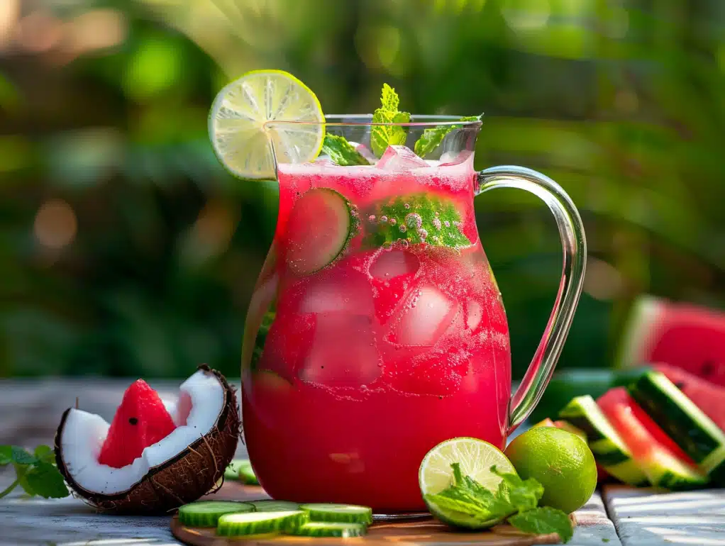 Antioxidant hydration bomb immune boosting drink with watermelon coconut water cucumber for summer hydration and protection
