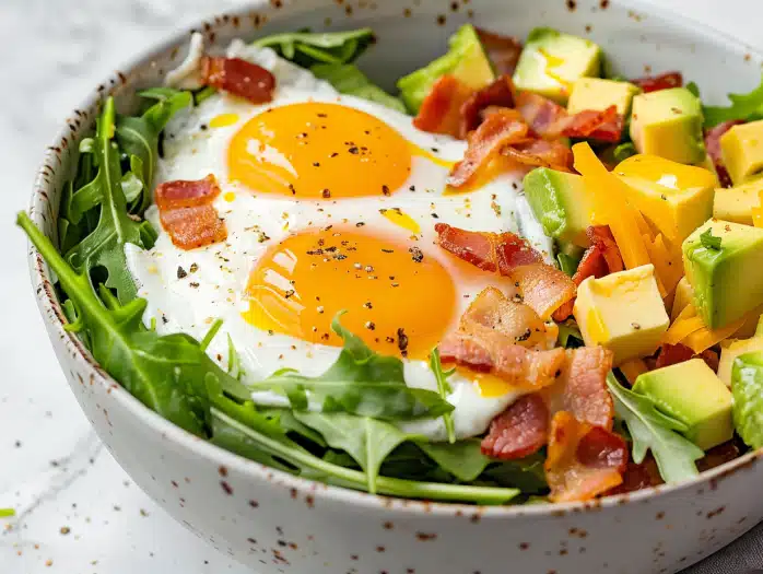 Bacon and egg comfort keto breakfast bowl with cheddar and arugula - 248 calories, 25g protein