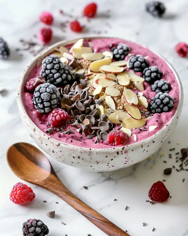 Berry vanilla protein smoothie bowl topped with fresh berries and almonds - healthy weight loss breakfast