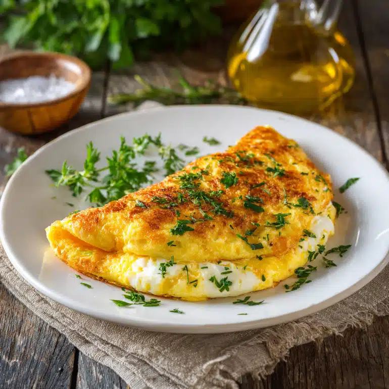 Cheese omelet made with eggs, olive oil, and shredded cheddar on a plate