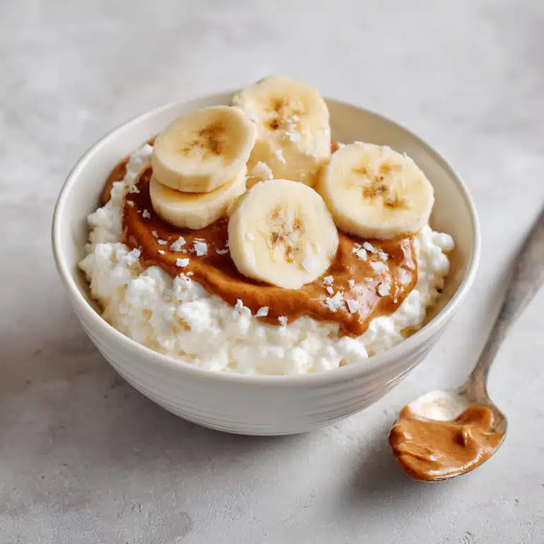 Cottage cheese bowl with almond butter and banana