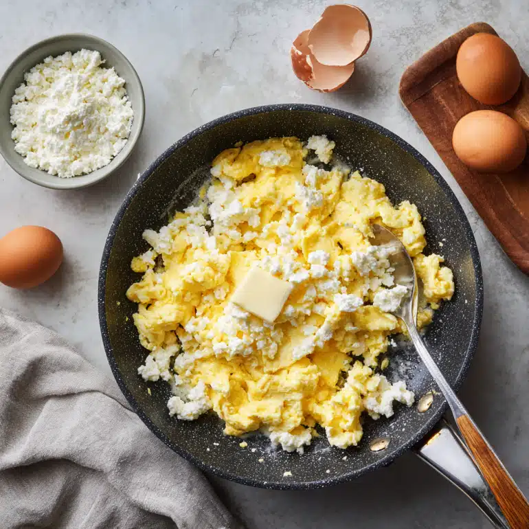3 ingredient breakfast recipes : Creamy scrambled eggs with cottage cheese and butter in a skillet