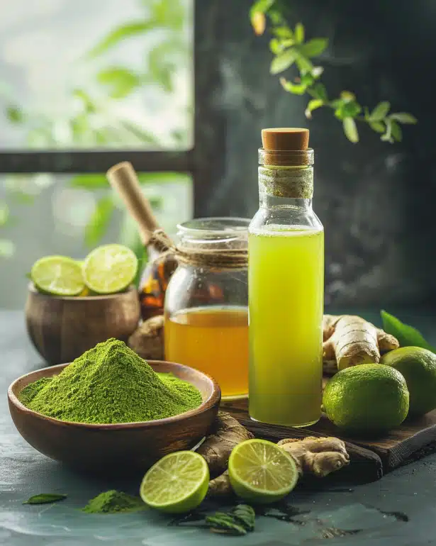 Energy Optimization functional water with matcha and ginger - natural energy hydration hack for sustained focus and clarity