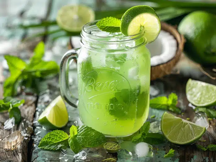 Energy renewal spring tonic immune boosting drink with green tea coconut water ashwagandha and mint for natural energy