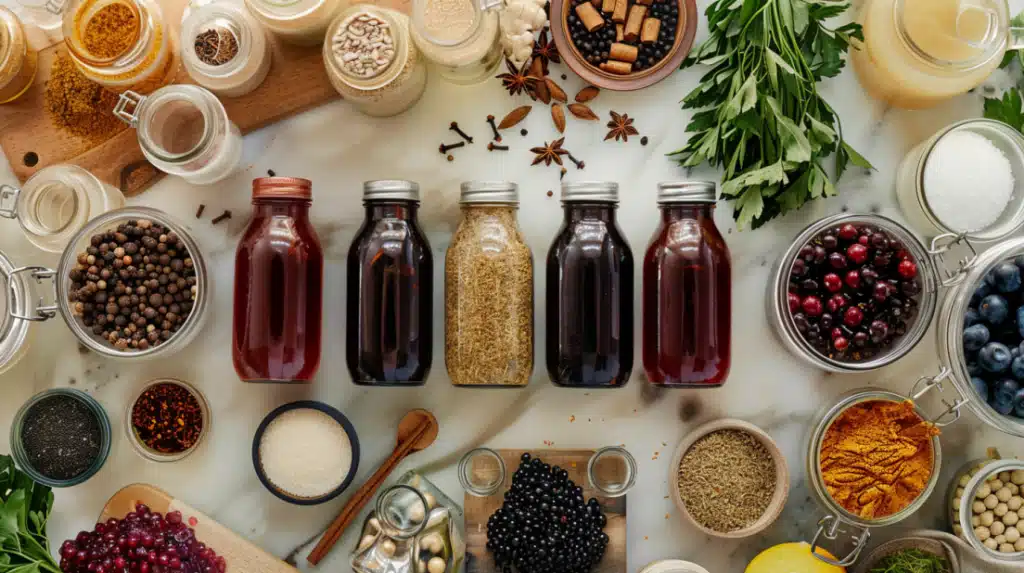 Fall wellness drinks batch preparation setup showing spice blends, concentrates, and pre-portioned ingredients for weekly meal prep