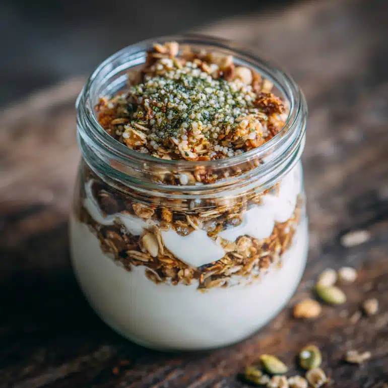 Protein parfait with Greek yogurt, granola, and hemp hearts