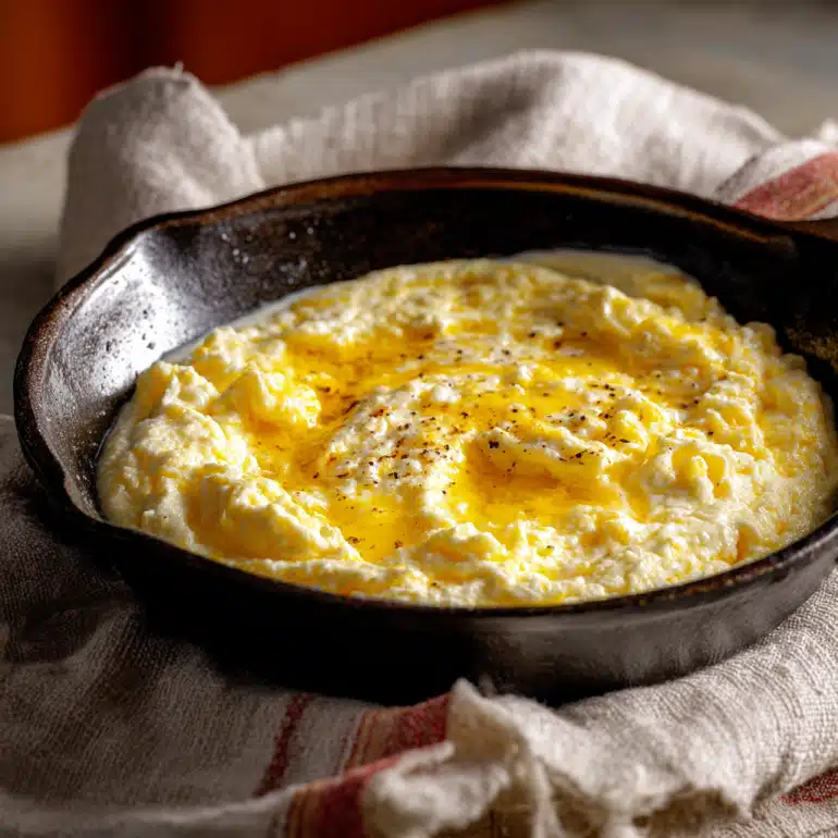 Scrambled eggs cooked with Greek yogurt and butter in pan