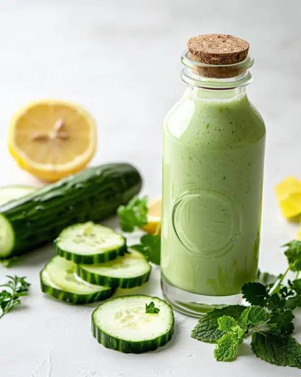 Green Goddess detox protein smoothie with cucumber, mint, and fresh herbs for weight loss