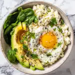Green goddess keto breakfast bowl with egg whites, spinach, and goat cheese - 235 calories, 22g protein
