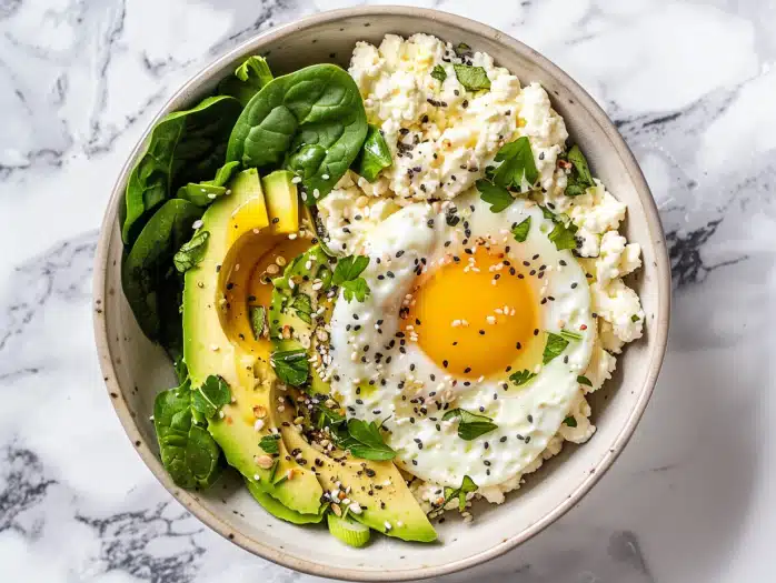 Green goddess keto breakfast bowl with egg whites, spinach, and goat cheese - 235 calories, 22g protein