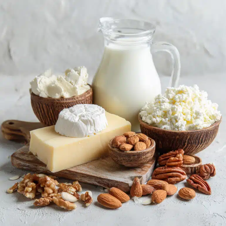 Assortment of dairy products and nuts including milk, cottage cheese, brie, cheddar, cream cheese, almonds, pecans, and walnuts on a white background