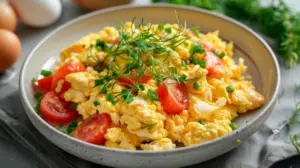 High-protein egg scrambles with cherry tomatoes, fresh herbs, and chives served in a bowl.