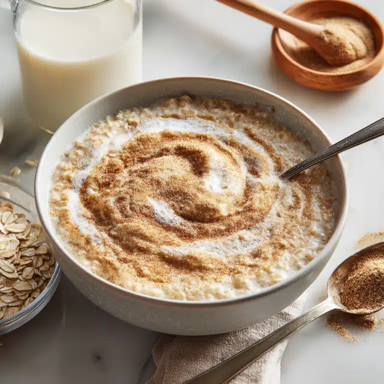 Oatmeal made with milk and protein powder in bowl