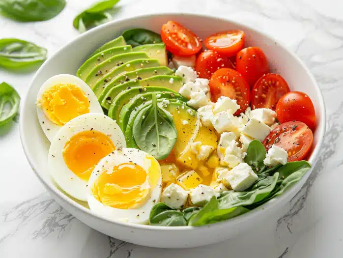Mediterranean keto breakfast bowl with eggs, feta, avocado, and spinach - 238 calories, 24g protein , keto breakfast bowls