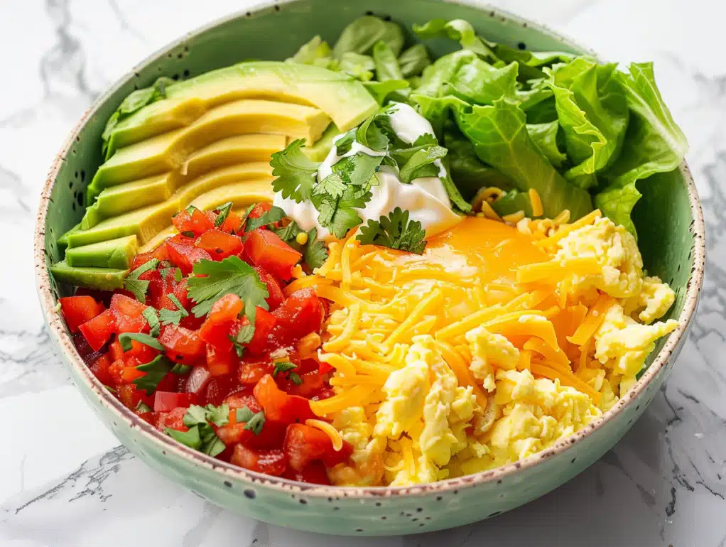 Mexican fiesta keto breakfast bowl with scrambled eggs, cheese, and avocado - 245 calories, 23g protein