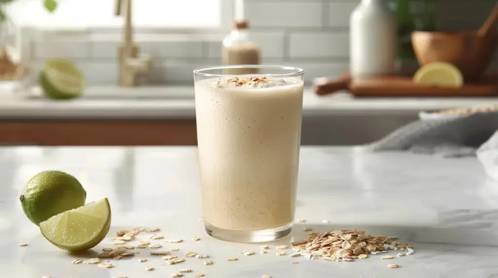 Creamy oatzempic drink in clear glass with lime wedges and scattered oats on white kitchen counter