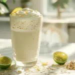 Foamy oatzempic drink in tall glass with fresh lime halves and rolled oats on kitchen counter