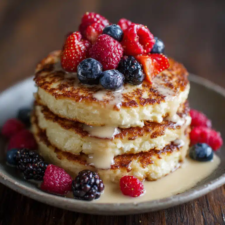 350-calorie high-protein breakfast weight loss options showing Protein Pancakes stack
