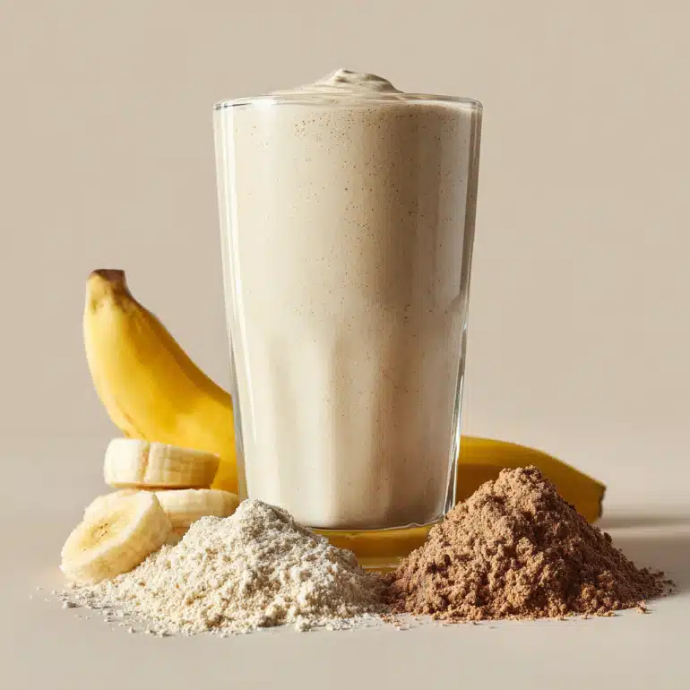 High-protein smoothie with yogurt, banana, and protein powder in a glass