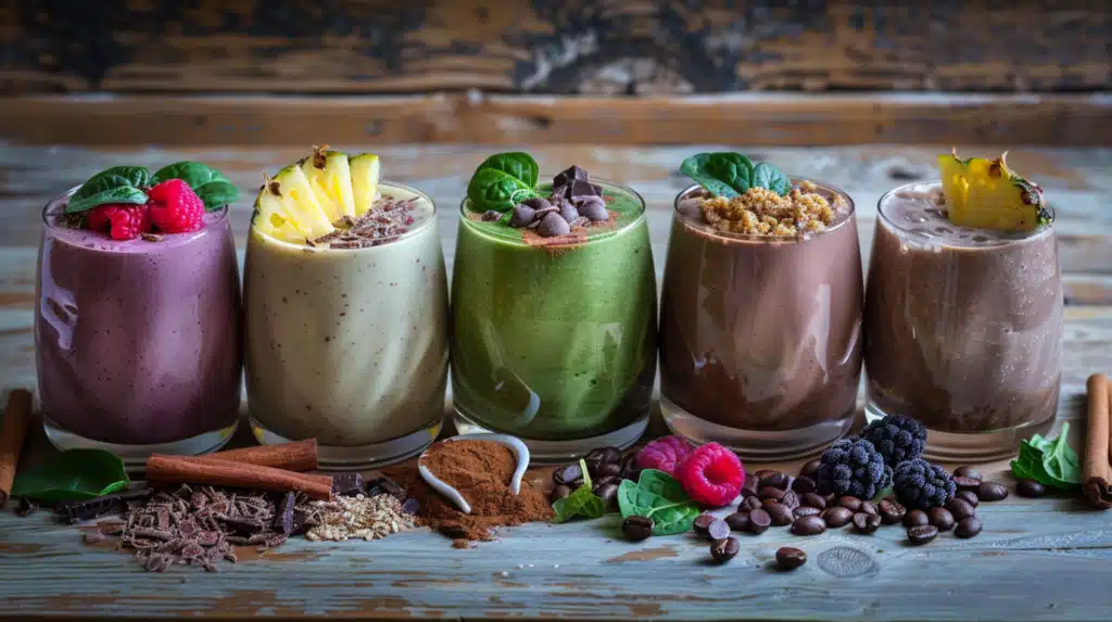 7 protein smoothies for weight loss arranged on marble counter - colorful healthy smoothie recipes by nutritionist Maya Refresher