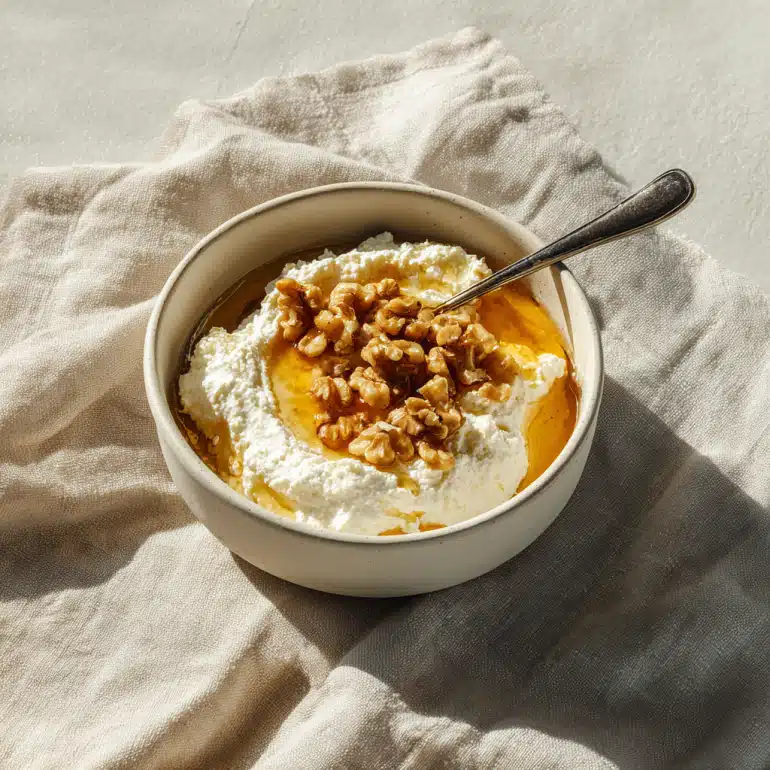 Ricotta cheese bowl with honey and walnuts