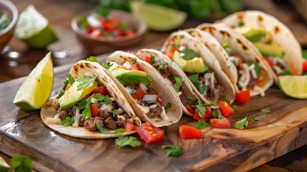 Smash burger tacos with seasoned ground beef, avocado slices, diced tomatoes, and cilantro on flour tortillas served on wooden cutting board with lime wedges