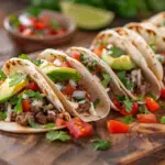 Smash burger tacos with seasoned ground beef, avocado slices, diced tomatoes, and cilantro on flour tortillas served on wooden cutting board with lime wedges