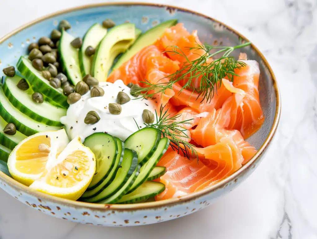 Smoked salmon keto breakfast bowl with cucumber and Greek yogurt - 242 calories, 26g protein