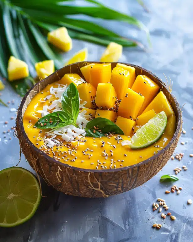 Tropical protein smoothie with collagen, mango and pineapple in coconut bowl