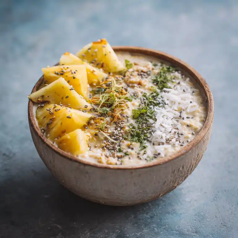 Tropical Paradise Overnight Oats no-cook high-protein breakfast with 32g protein showing creamy layers