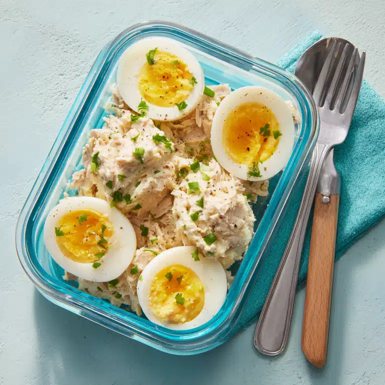 High-protein tuna and egg salad with mayonnaise