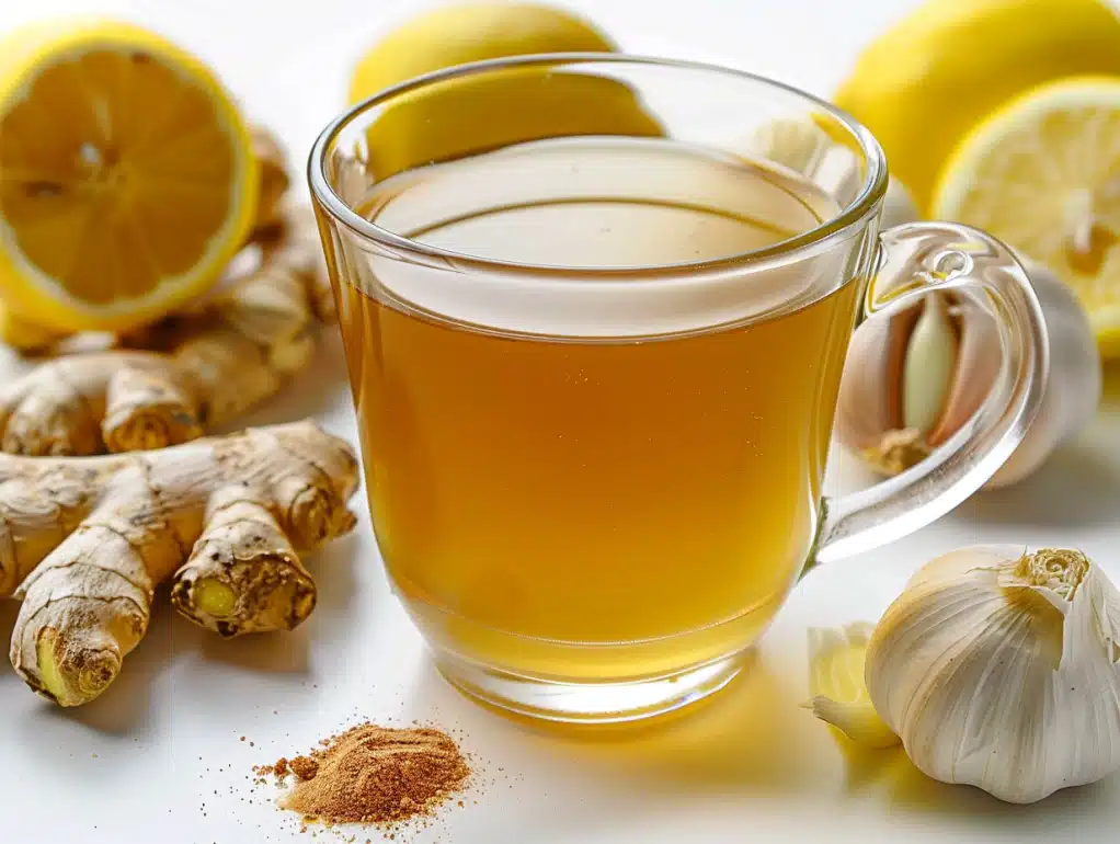 Viral defense protocol immune boosting drink with garlic ginger echinacea vitamin C oregano oil for acute immune support