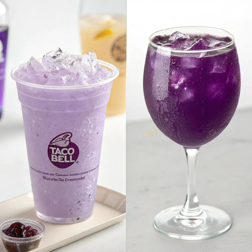 Split comparison image showing Taco Bell's original Baja Midnight in a branded purple cup on the left versus an elegant homemade version in a wine glass on the right, both featuring vibrant purple liquid with ice