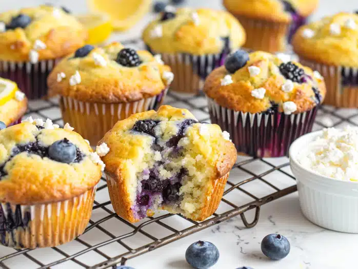 Blueberry lemon high-protein breakfast muffins with cottage cheese, 12g protein each, showing fluffy texture