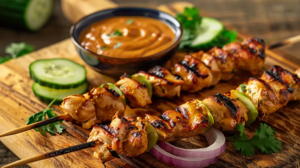 Grilled chicken satay skewers with peanut sauce on wooden cutting board garnished with cucumber slices, red onion, and fresh cilantro