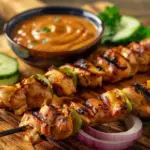 Grilled chicken satay skewers with peanut sauce on wooden cutting board garnished with cucumber slices, red onion, and fresh cilantro