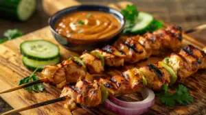 Grilled chicken satay skewers with peanut sauce on wooden cutting board garnished with cucumber slices, red onion, and fresh cilantro
