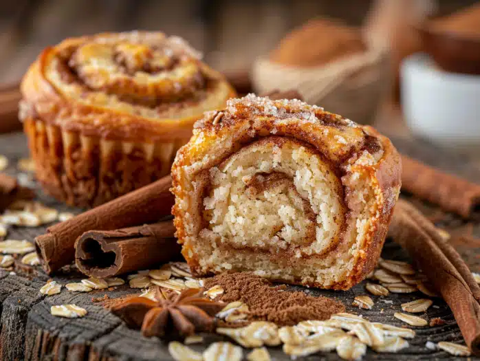 Cinnamon roll protein breakfast muffins with visible cinnamon swirl, 12g protein, showing moist interior