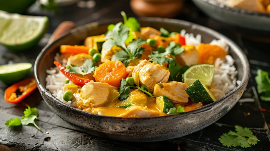 Coconut chicken curry in dark bowl with tender chicken pieces, vegetables, and golden curry sauce over rice with cilantro garnish
