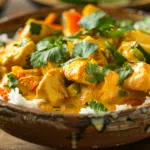 Coconut chicken curry with golden turmeric sauce, tender chicken pieces, and fresh cilantro in rustic wooden bowl over white rice