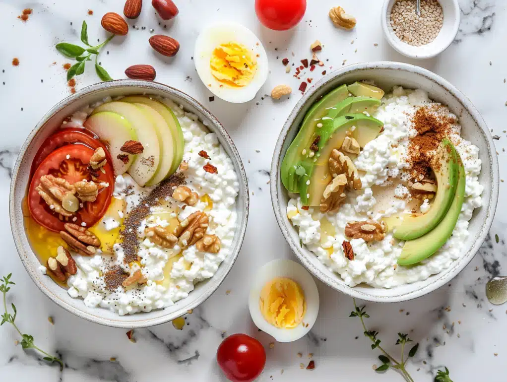 Cottage cheese bowls no-cook high-protein breakfast - sweet parfait and savory toast bowl with 28-32g protein