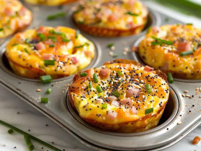 Everything bagel egg protein muffins with 18g protein each, showing fluffy egg texture with ham and chives