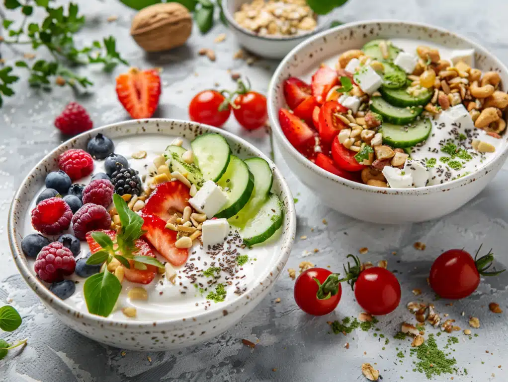 Greek yogurt bowls no cook high protein breakfast - sweet berry bowl and savory Mediterranean bowl with 24-26g protein