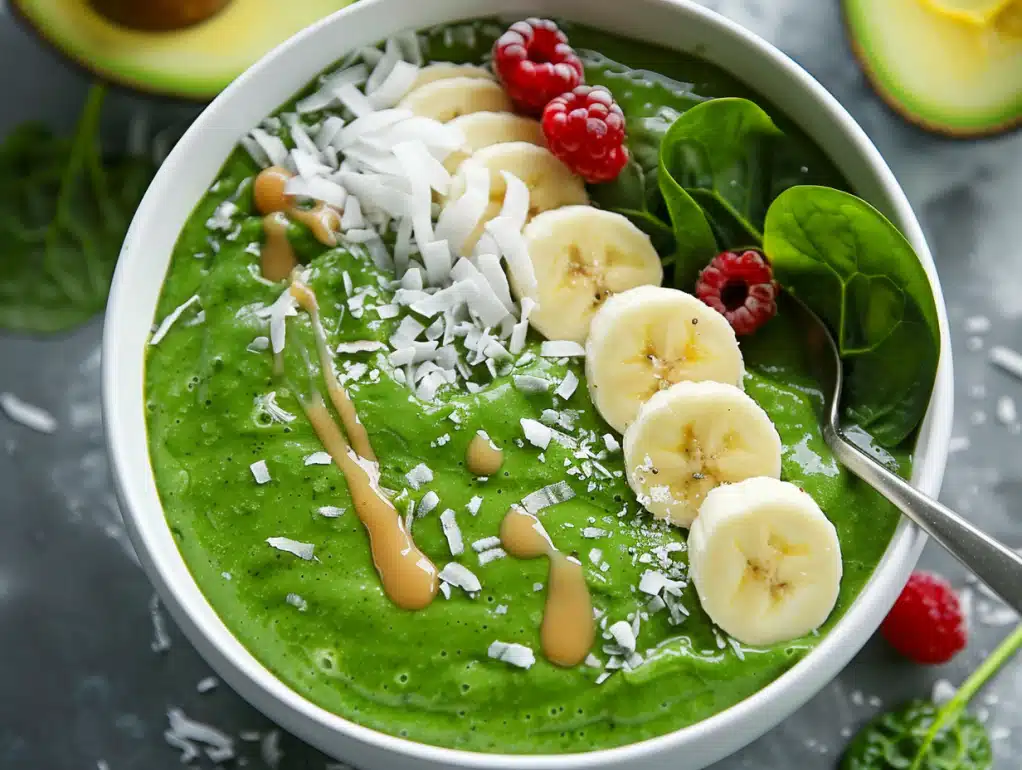 Green goddess smoothie bowl no-cook high-protein breakfast with spinach and avocado - 30g protein, thick spoonable texture