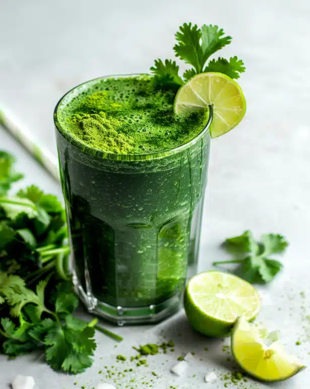 Heavy Metal Chelator detox beverage with cilantro, chlorella, and spirulina for environmental toxin support and professional detox guidance