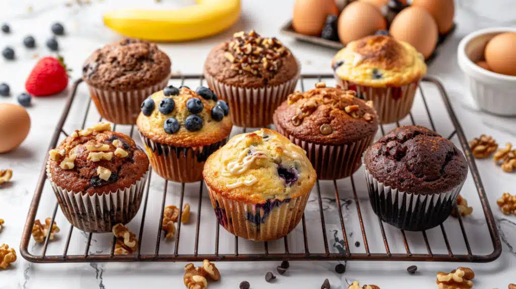 7 high-protein breakfast muffins with different flavors arranged on cooling rack - 12-18g protein each