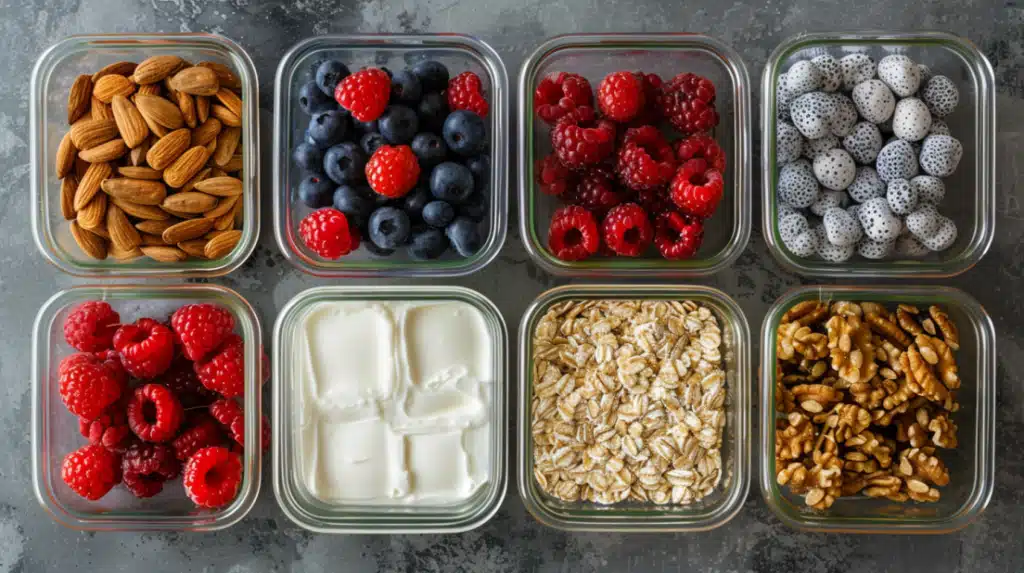 Weekly meal prep for high-protein breakfast weight loss showing pre-portioned containers with exact servings