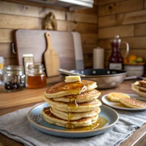 Stack of golden high-protein pancake mix with melting butter and syrup on a blue plate, set in a rustic log cabin kitchen with mason jars and wooden utensils in the background