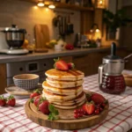 tack of golden high-protein pancake mix topped with fresh strawberries on a wooden board, surrounded by berries in a cozy kitchen setting with checkered tablecloth